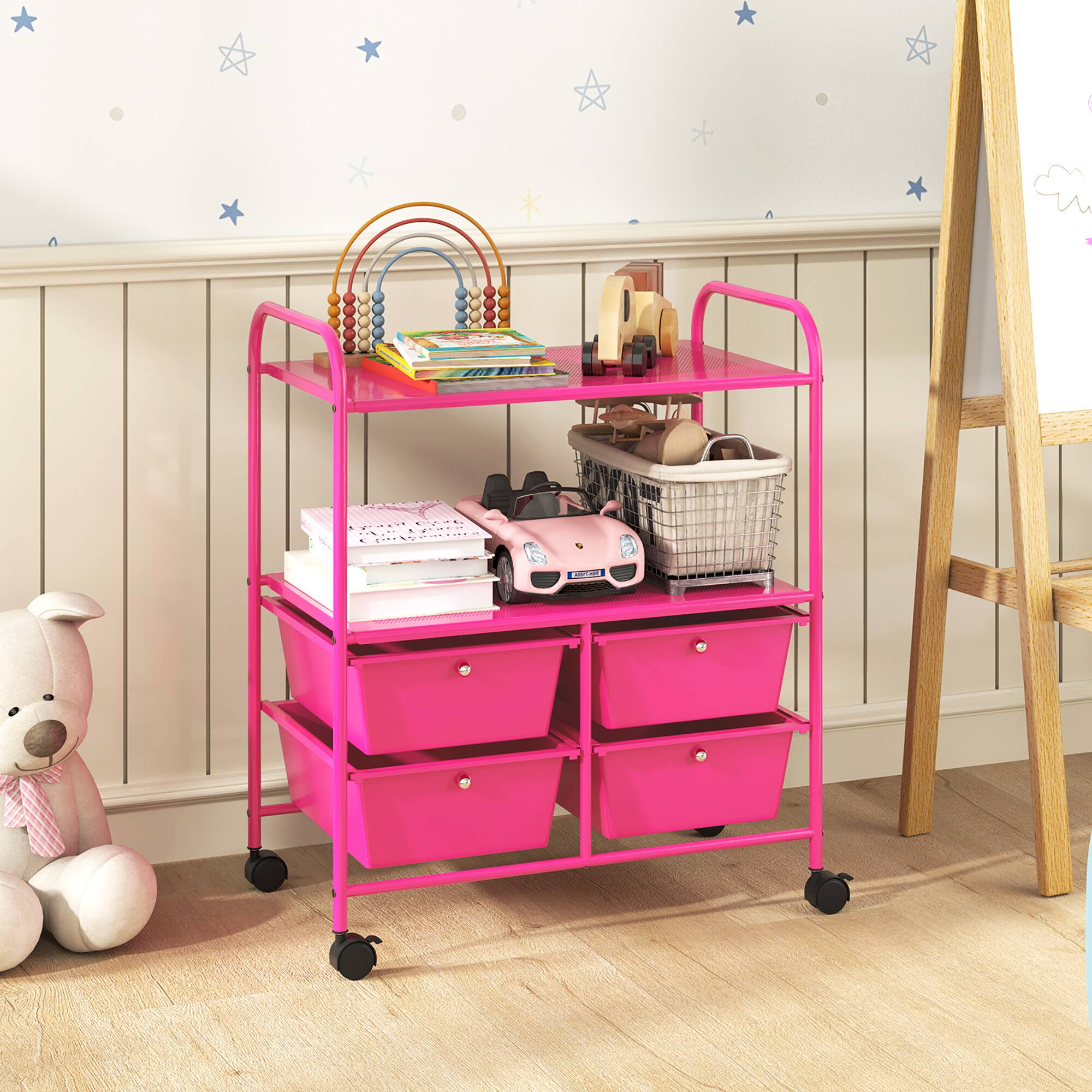 Alt View 1. Gymax - Gymax Rolling Storage Cart w/4 Drawers & 2 Shelves Multipurpose Plastic Trolley on Pink - Hot Pink.