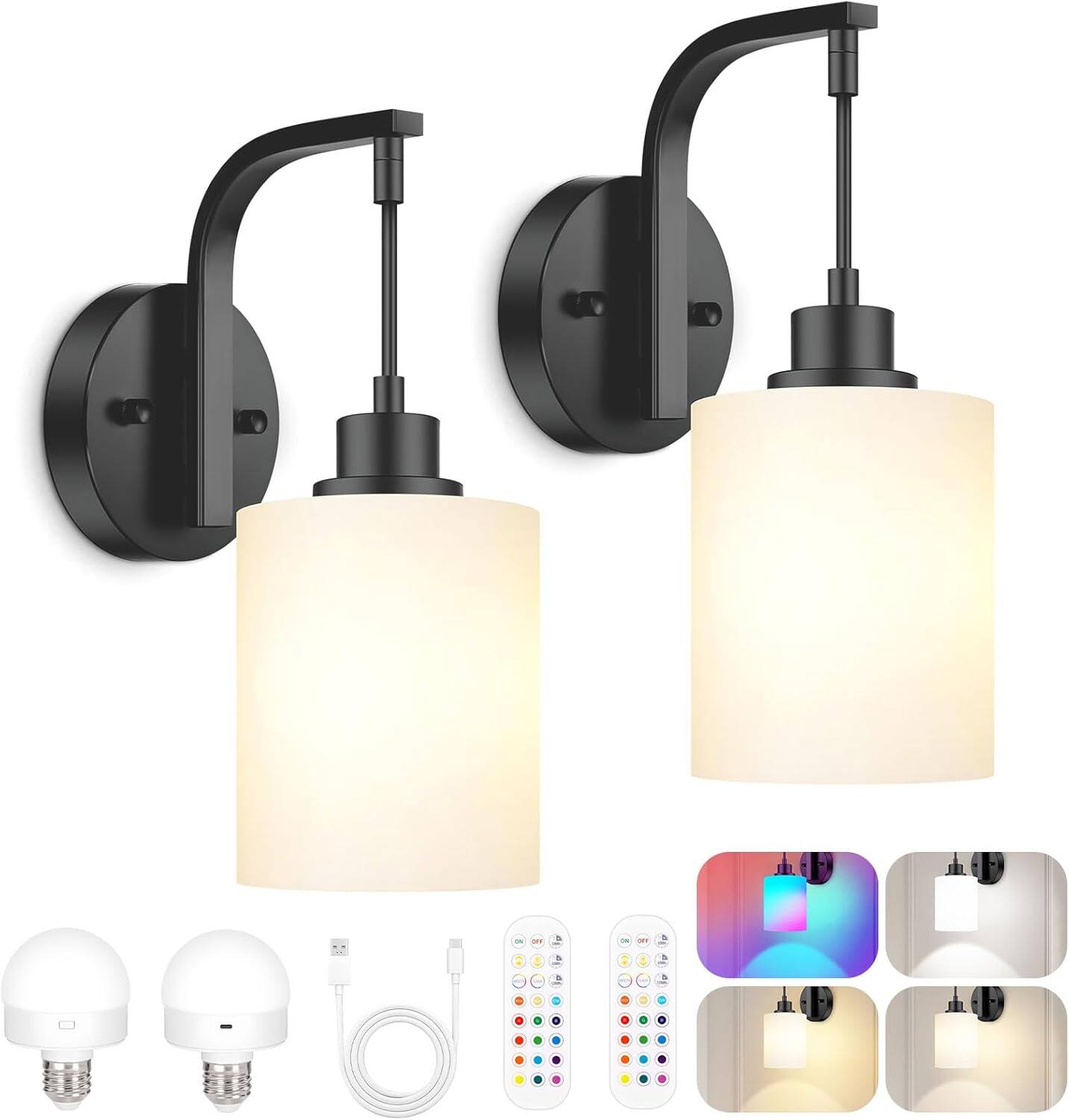 Front. Nordic Hygge - Wireless Rechargeable Wall Sconce Set of Two, 15Colors Black Battery Operated Wall Lights, 2 Milky Glass Wall Lamps - Black.