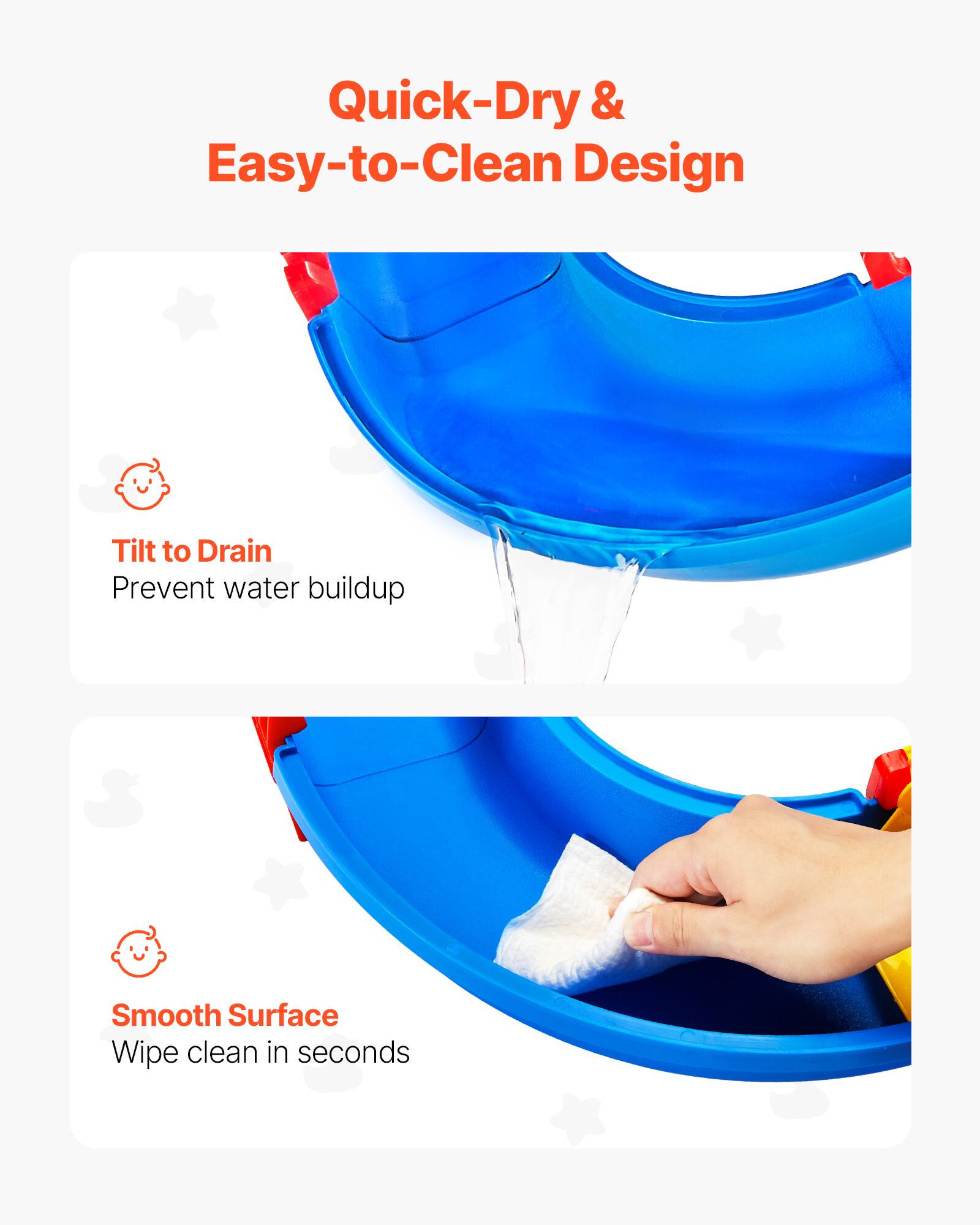 Quick-Dry & Easy-to-Clean Design

- Tilt to Drain: Prevent water buildup
- Smooth Surface: Wipe clean in seconds
