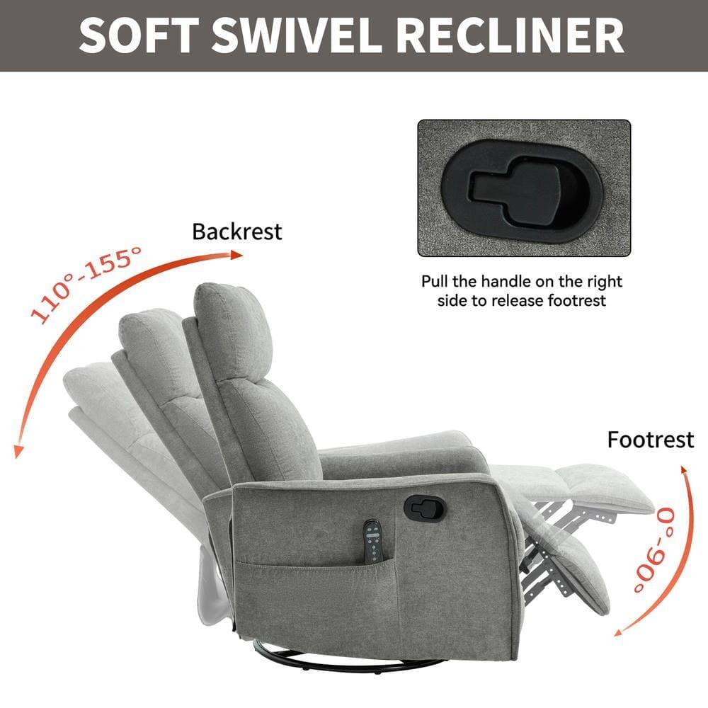 SOFT SWIVEL RECLINER

Backrest: 110°-155°

Footrest: 0°-90°

Pull the handle on the right side to release footrest