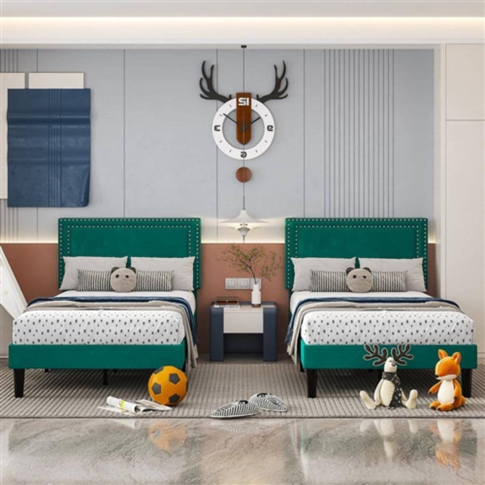 Angle. Hivvago - Set of 2 - Twin size Dark Green Upholstered Platform Bed Frame with Headboard - Dark Green.