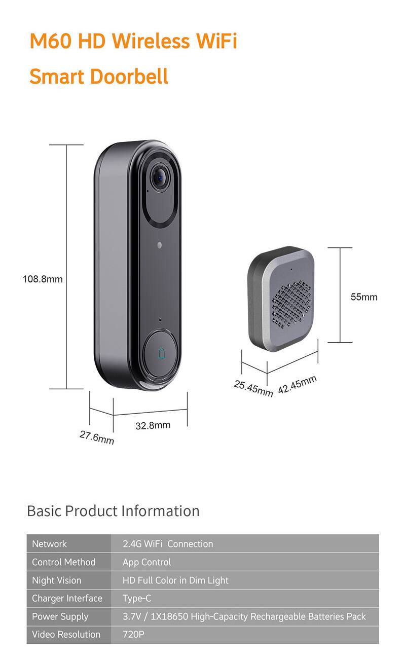 M60 HD Wireless WiFi Smart Doorbell

Basic Product Information

- Network: 2.4G WiFi Connection
- Control Method: App Control
- Night Vision: HD Full Color in Dim Light
- Charger Interface: Type-C
- Power Supply: 3.7V / 1X18650 High-Capacity Rechargeable Batteries Pack
- Video Resolution: 720P

Dimensions:
- Length: 108.8mm
- Width: 55mm
- Depth: 25.45mm
- Height: 42.45mm
- Thickness: 27.6mm
- Width (front): 32.8mm