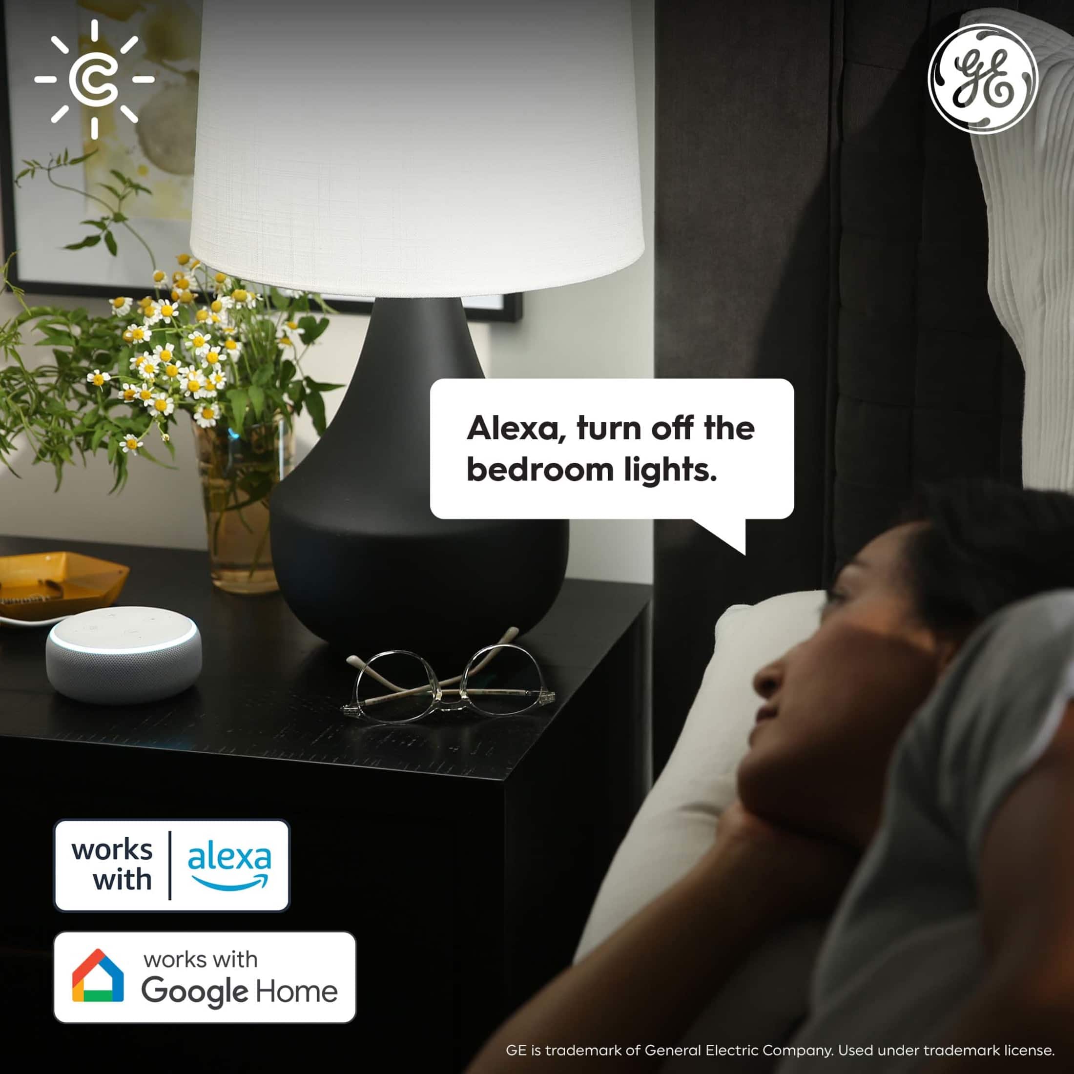 "Alexa, turn off the bedroom lights." works with Google Home.