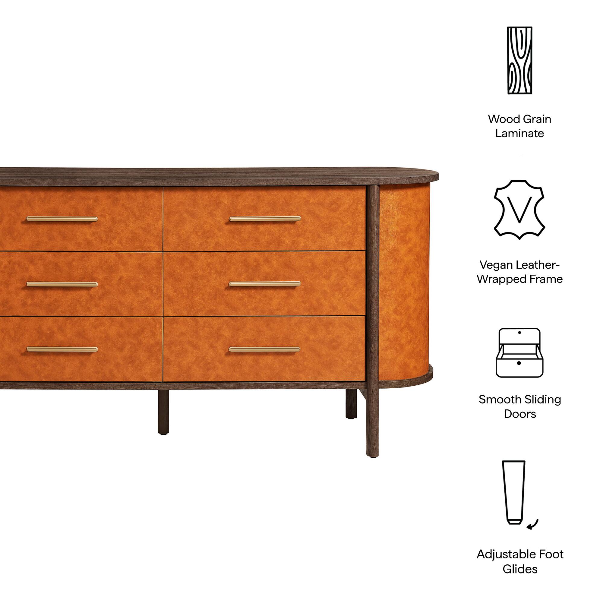 Wood Grain Laminate  
Vegan Leather-Wrapped Frame  
Smooth Sliding Doors  
Adjustable Foot Glides