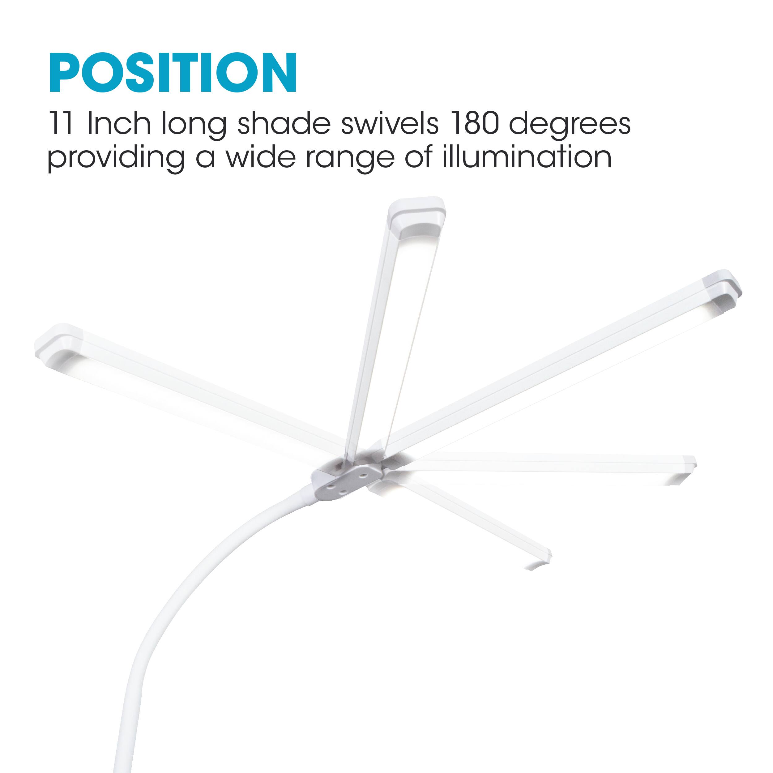 Position: 11-inch long shade swivels 180 degrees, providing a wide range of illumination.