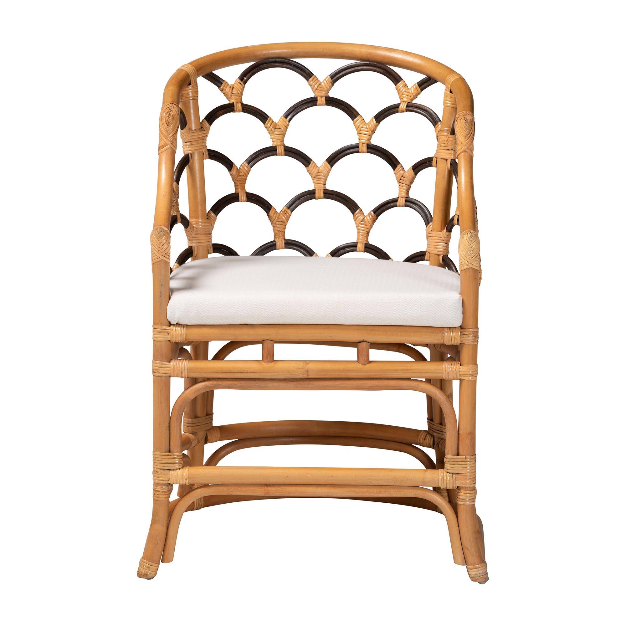 Angle. bali & pari - Veneto Natural Rattan Dining Chair with Scalloped Back - Light Honey/Dark Brown.