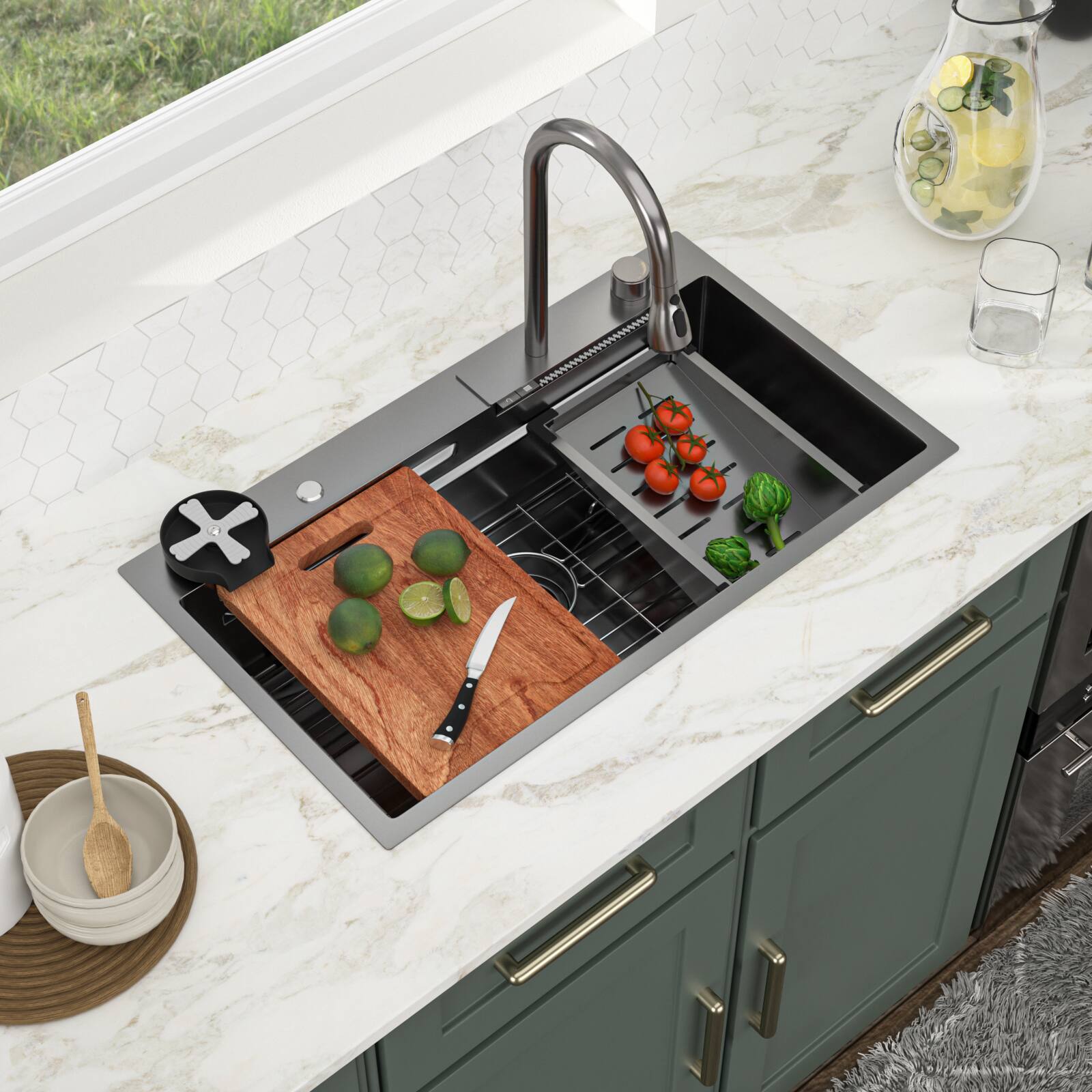Angle. Lordear - 33x19 in. Drop-In Single Bowl 16 Gauge Gunmetal Black Stainless Steel Workstation Kitchen Sink with Waterfall Faucet - Gunmetal Black.