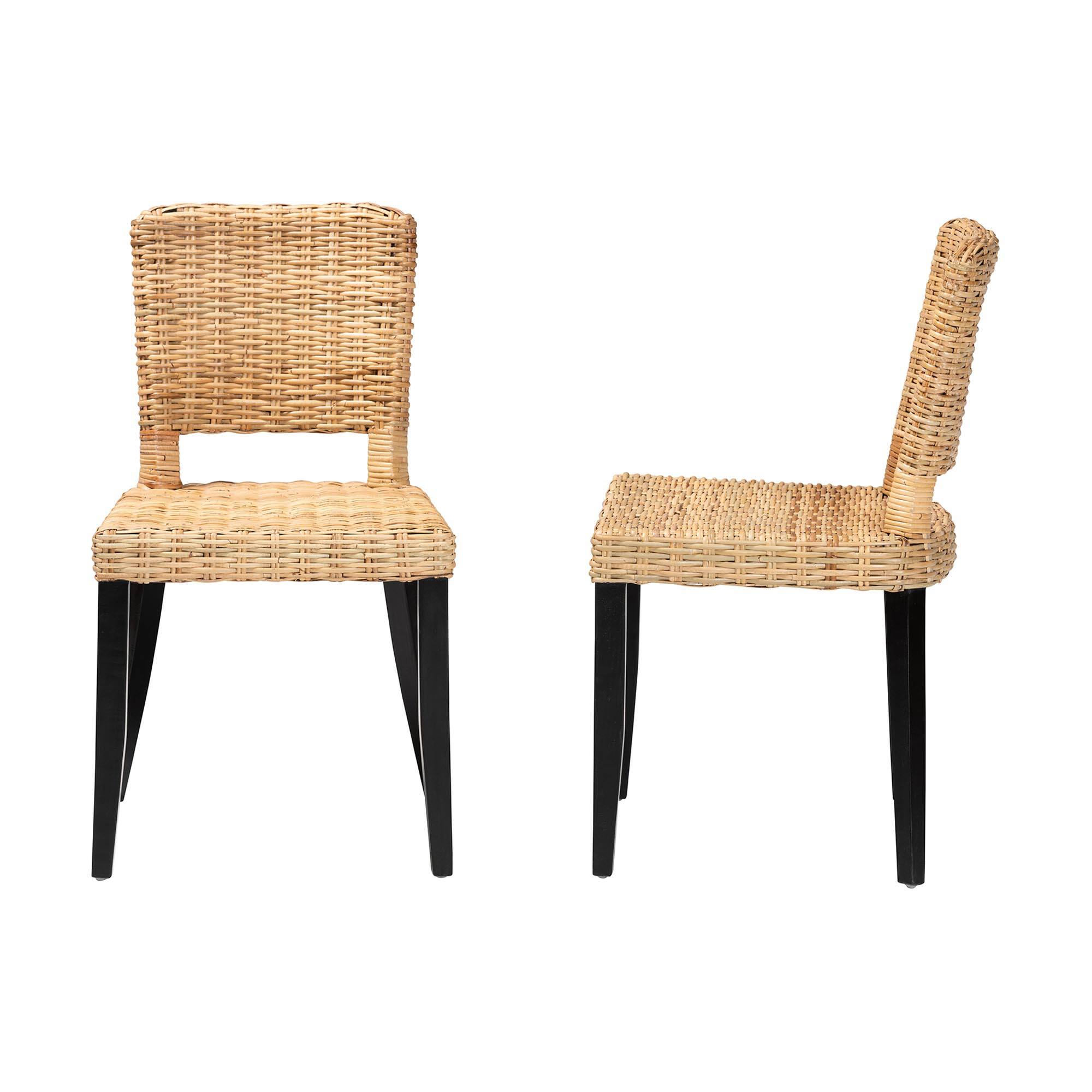 Left. bali & pari - Dermot Modern Bohemian Finished Wood and Natural Rattan 2-Piece Dining Chair Set - Dark Brown/Natural Brown.