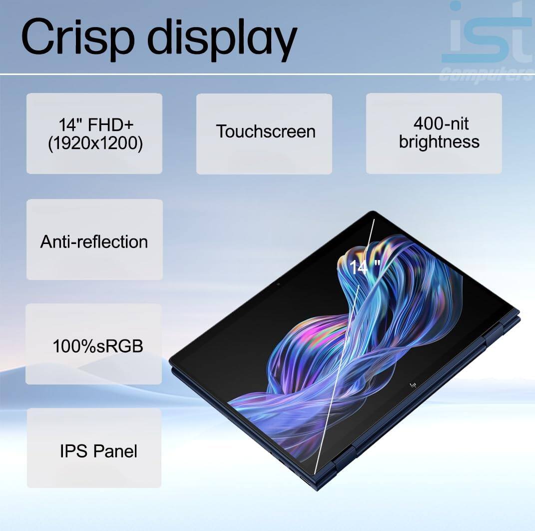 Crisp display  
14" FHD+ (1920x1200)  
Touchscreen  
400-nit brightness  
Anti-reflection  
100%sRGB  
IPS Panel