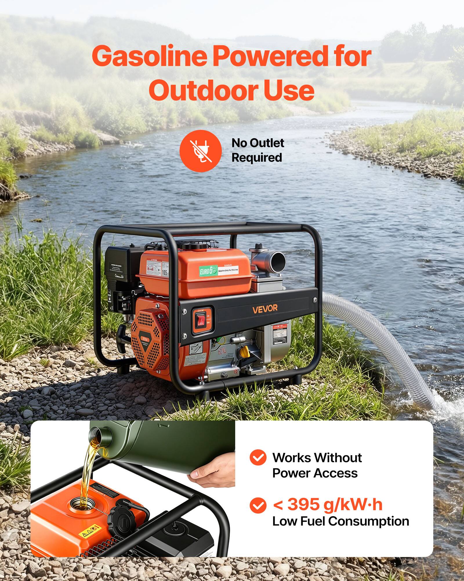 Gasoline Powered for Outdoor Use  
No Outlet Required  

VEVOR - RC  
Works Without Power Access  
< 395 g/kW·h  
Low Fuel Consumption