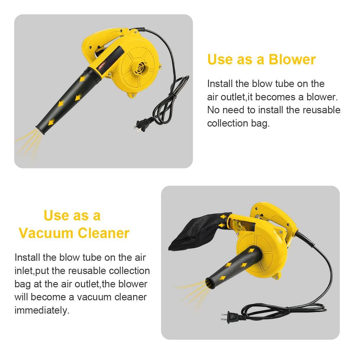 Use as a Blower  
Install the blow tube on the air outlet, it becomes a blower. No need to install the reusable collection bag.

Use as a Vacuum Cleaner  
Install the blow tube on the air inlet, put the reusable collection bag at the air outlet, the blower will become a vacuum cleaner immediately.