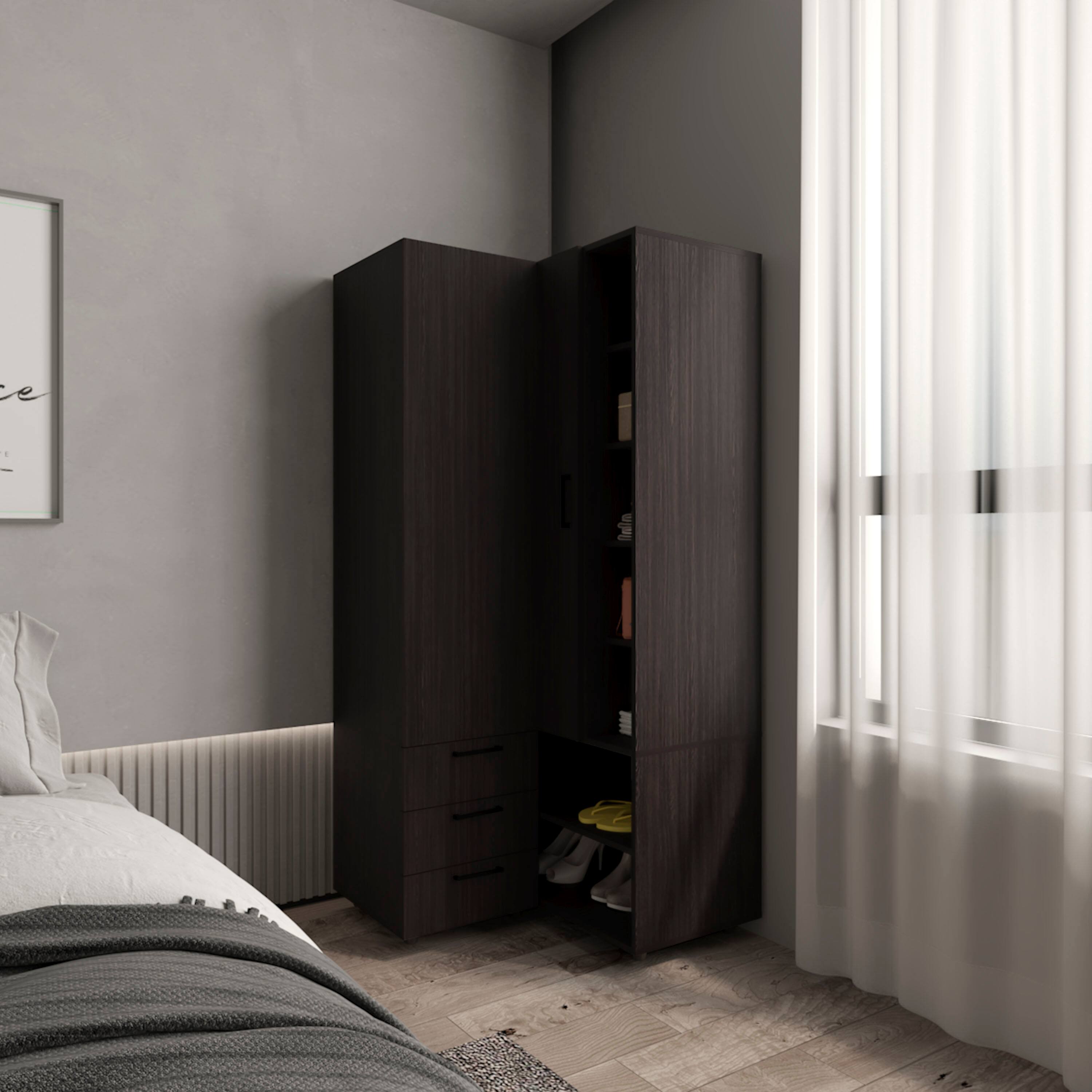 Left. TuHome - Toulouse Corner Armoire With Double Doors And Interior Shelves, Space-Saving Wardrobe - Black.
