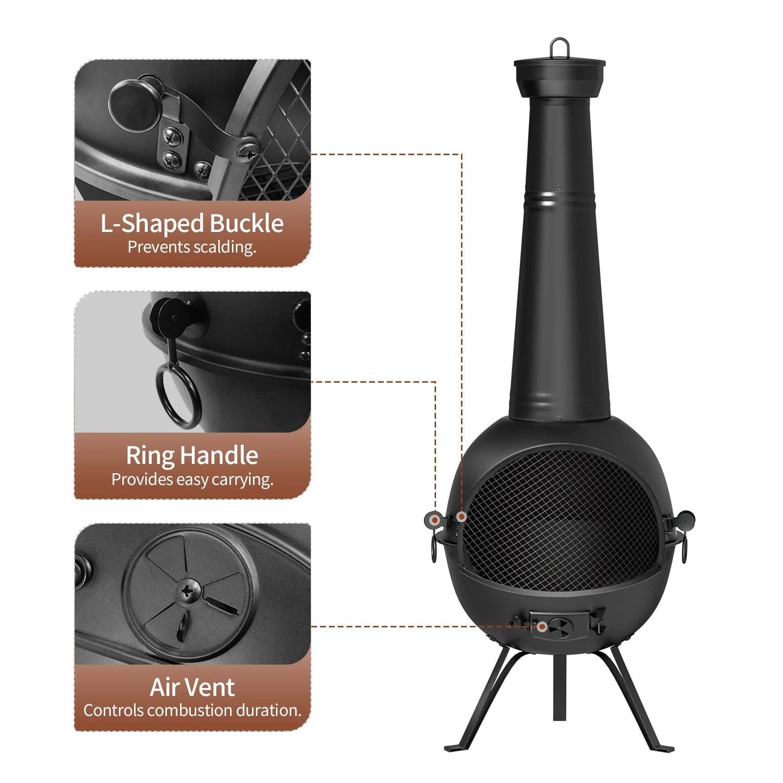 L-Shaped Buckle Prevents scalding.
Ring Handle Provides easy carrying.
Air Vent Controls combustion duration.