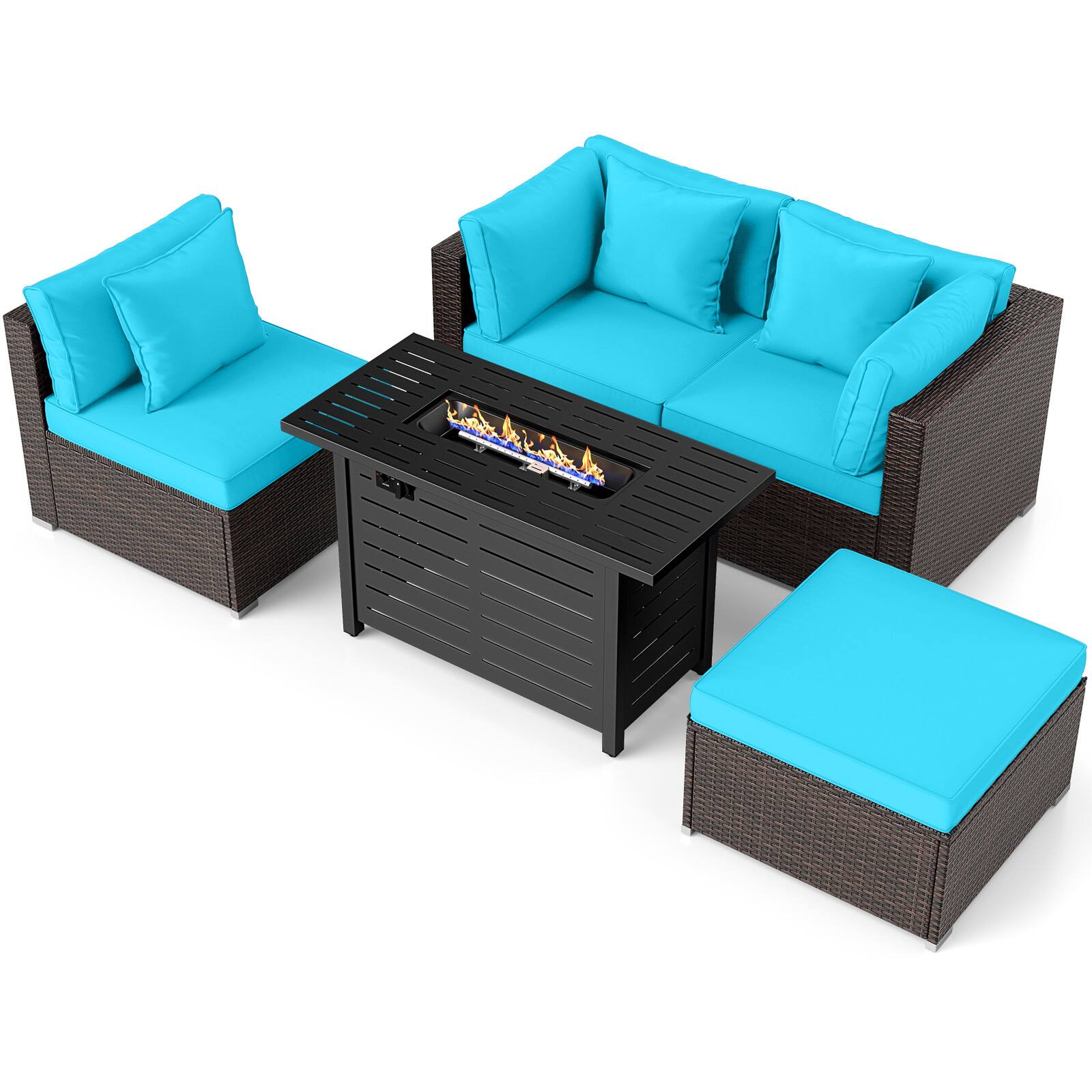 Alt View 6. Gymax - Gymax Set of 5 Patio Furniture Set Heavy-duty Frame Rattan Sofa Set w/ 60000 BTU Firepit Table Turquoise - Green.