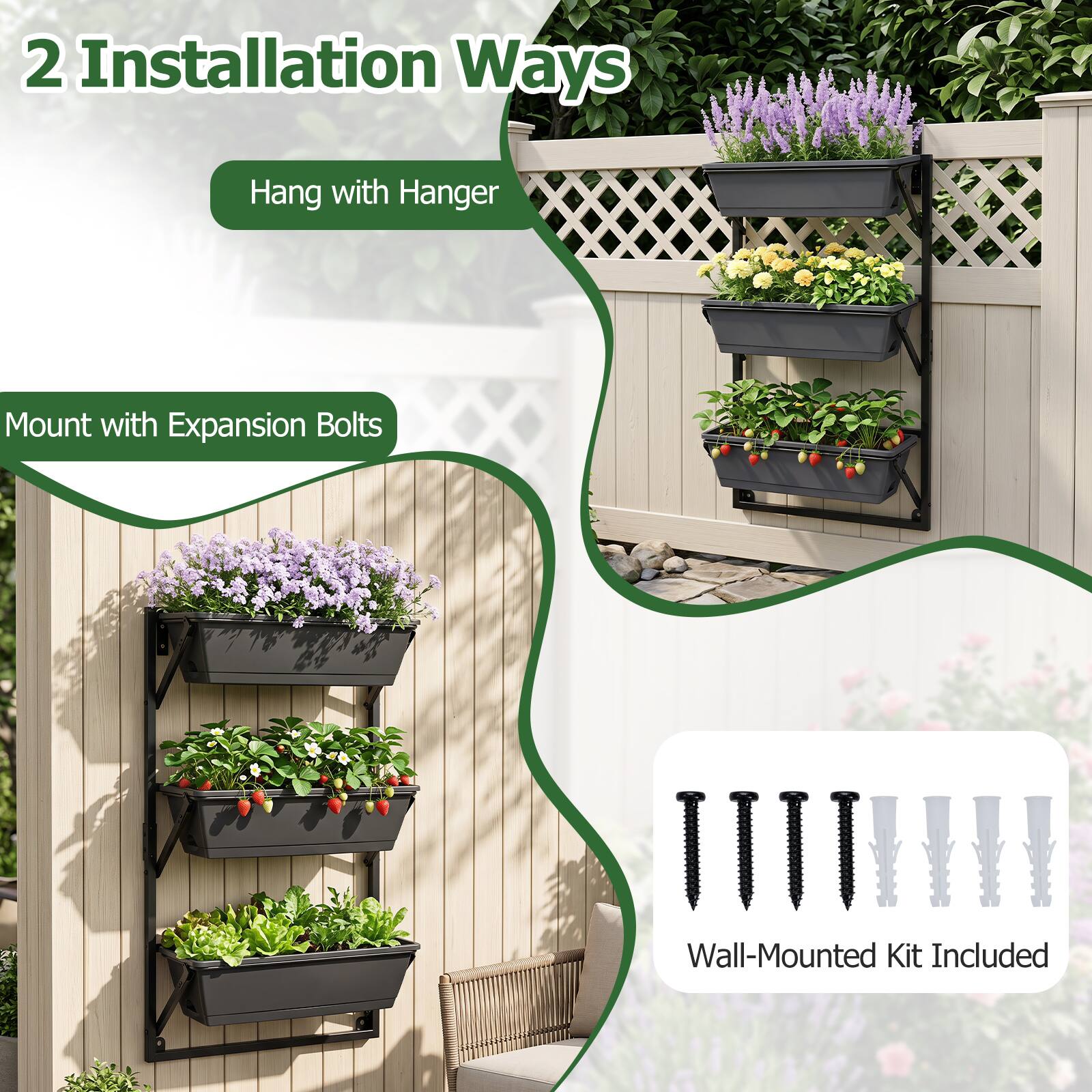 2 Installation Ways

- Hang with Hanger
- Mount with Expansion Bolts

Wall-Mounted Kit Included