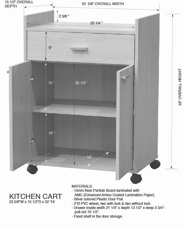 **15 1/2" OVERALL DEPTH**  
**23 5/8" OVERALL WIDTH**  
**32" OVERALL HEIGHT**

**MATERIALS:**  
- 15mm thick Particle Board laminated with AMC (Enhanced Amino Coated Lamination Paper).  
- Silver colored Plastic Door Pull.  
- 2" PVC wheel, two with lock & two without lock.  
- Drawer inside width 21 1/4" x depth 13 1/2" x deep 3 3/4" - pull-out 10 1/2".  
- Fixed shelf in the door storage.

**KITCHEN CART**  
23 5/8"W x 15 1/2"D x 32"H
