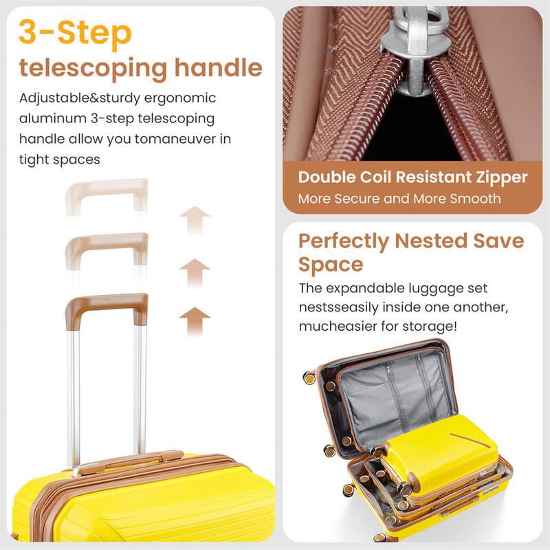 3-Step telescoping handle  
Adjustable & sturdy ergonomic aluminum 3-step telescoping handle allows you to maneuver in tight spaces  

Double Coil Resistant Zipper  
More Secure and More Smooth  

Perfectly Nested Save Space  
The expandable luggage set nests easily inside one another, much easier for storage!