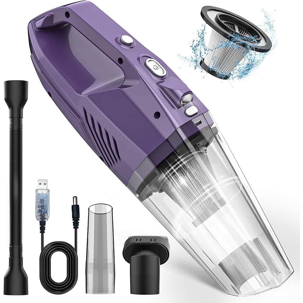 ACJPR - Cordless Handheld Vacuum Cleaner, 6KPa Suction, USB Rechargeable, HEPA Filter, LED Light, with Accessories