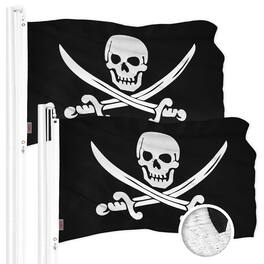 G128 - 2-Pack Pirate Jolly Roger Swords Flag, 1 x 1.5 ft, Embroidered 300D Polyester, Brass Grommets - Assorted Colors