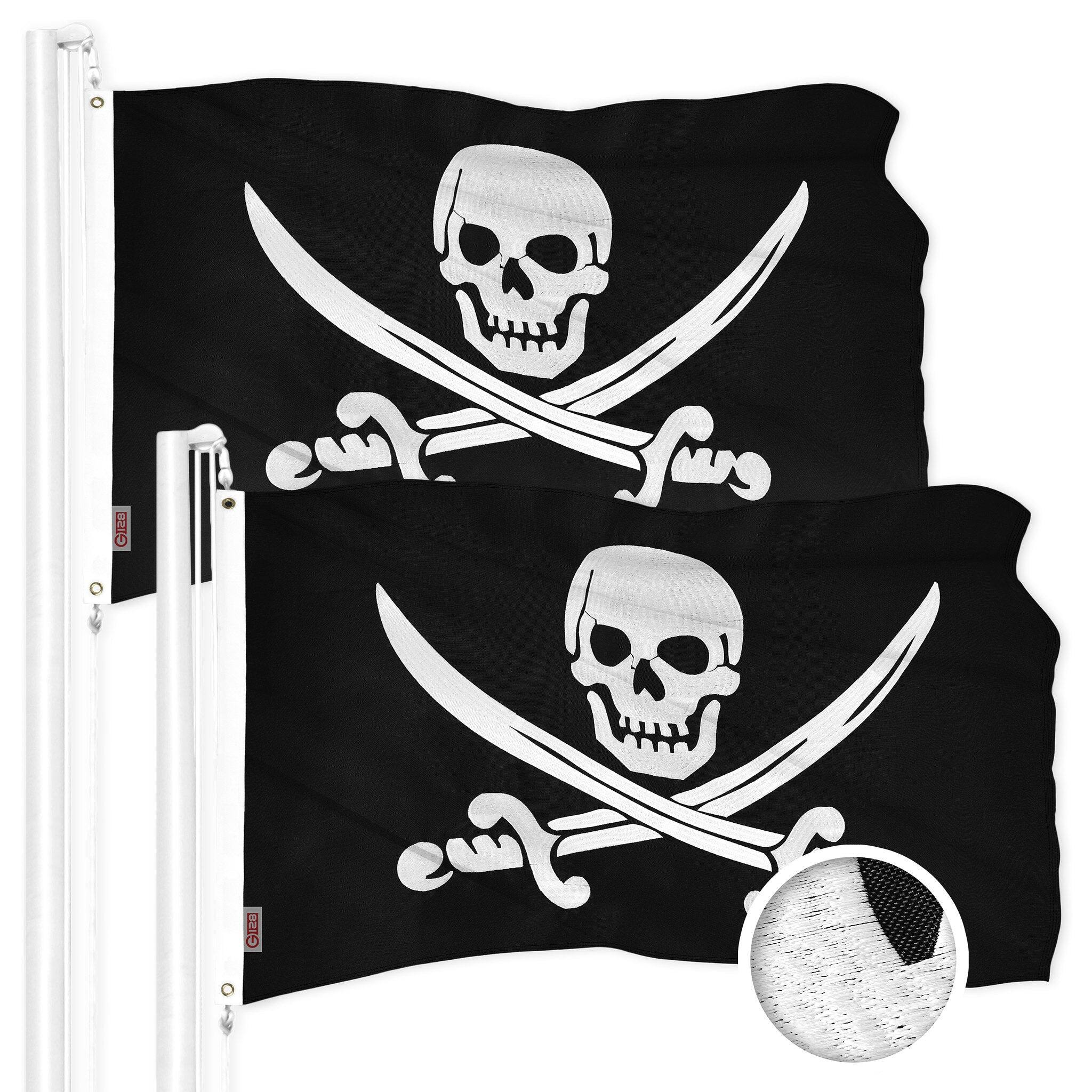G128 - 2-Pack Pirate Jolly Roger Swords Flag, 1 x 1.5 ft, Embroidered 300D Polyester, Brass Grommets - Assorted Colors
