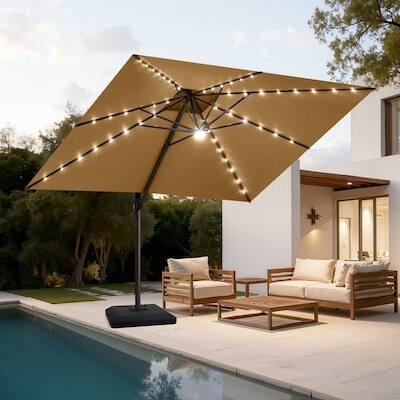 Alt View 5. Crestlive Products - Crestlive Products 11ft Square Aluminum Slide-tilt Cantilever Patio Umbrella with Light with 350lbs Base - Brown.