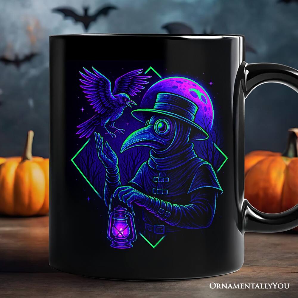 Back. OrnamentallyYou - Vaporwave Plague Doctor Mug, Retro Neon Horror Vibes Halloween Gift - Black.