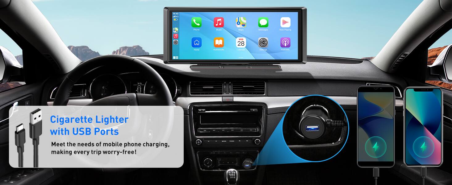 14:43  
A Phone Music Music Apps Now Playing  
Home Auto Apps WID 28 Conida Semings Podcasts  

Cigarette Lighter with USB Ports  
Meet the needs of mobile phone charging, making every trip worry-free!