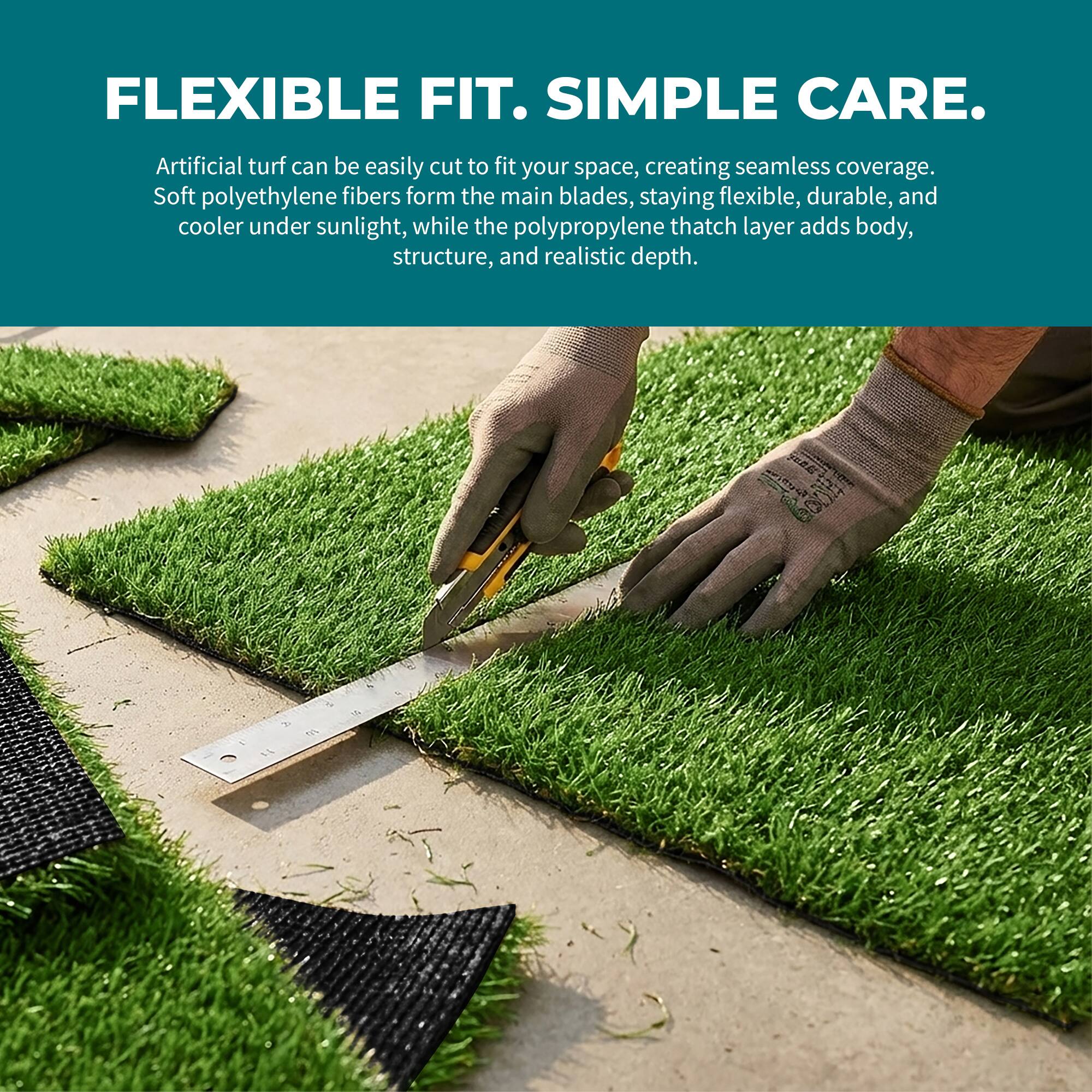 FLEXIBLE FIT. SIMPLE CARE.

Artificial turf can be easily cut to fit your space, creating seamless coverage. Soft polyethylene fibers form the main blades, staying flexible, durable, and cooler under sunlight, while the polypropylene thatch layer adds body, structure, and realistic depth.