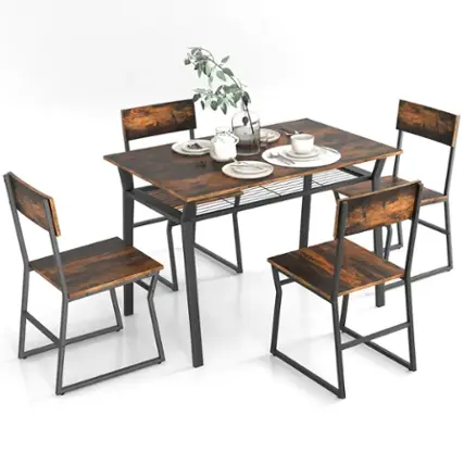 Front. Costway - 5 Piece Dining Table Set Industrial Rectangular Kitchen Table with 4 Chairs Brown - Brown.