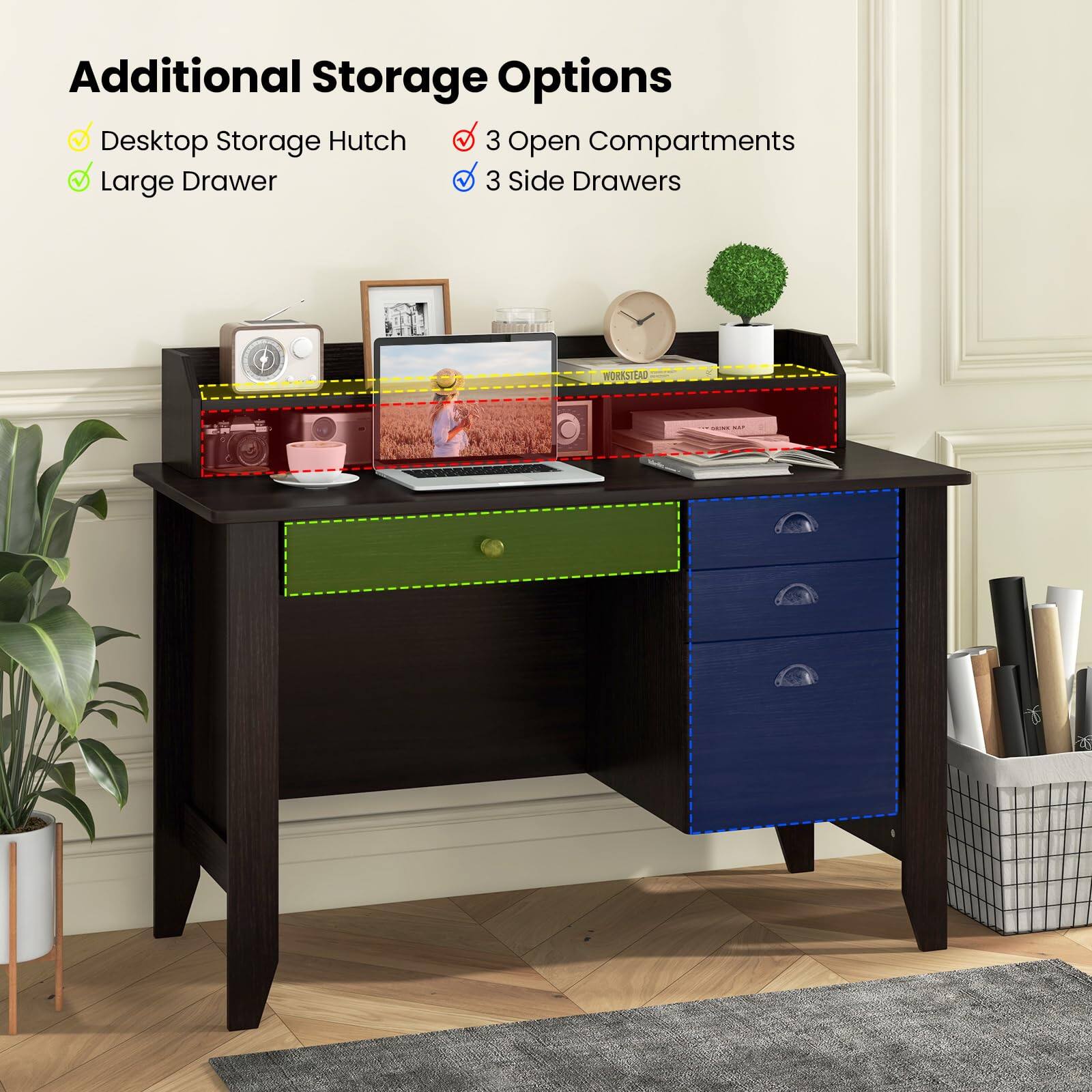 Additional Storage Options, Desktop Storage Hutch, 3 Open Compartments, Large Drawer, 3 Side Drawers