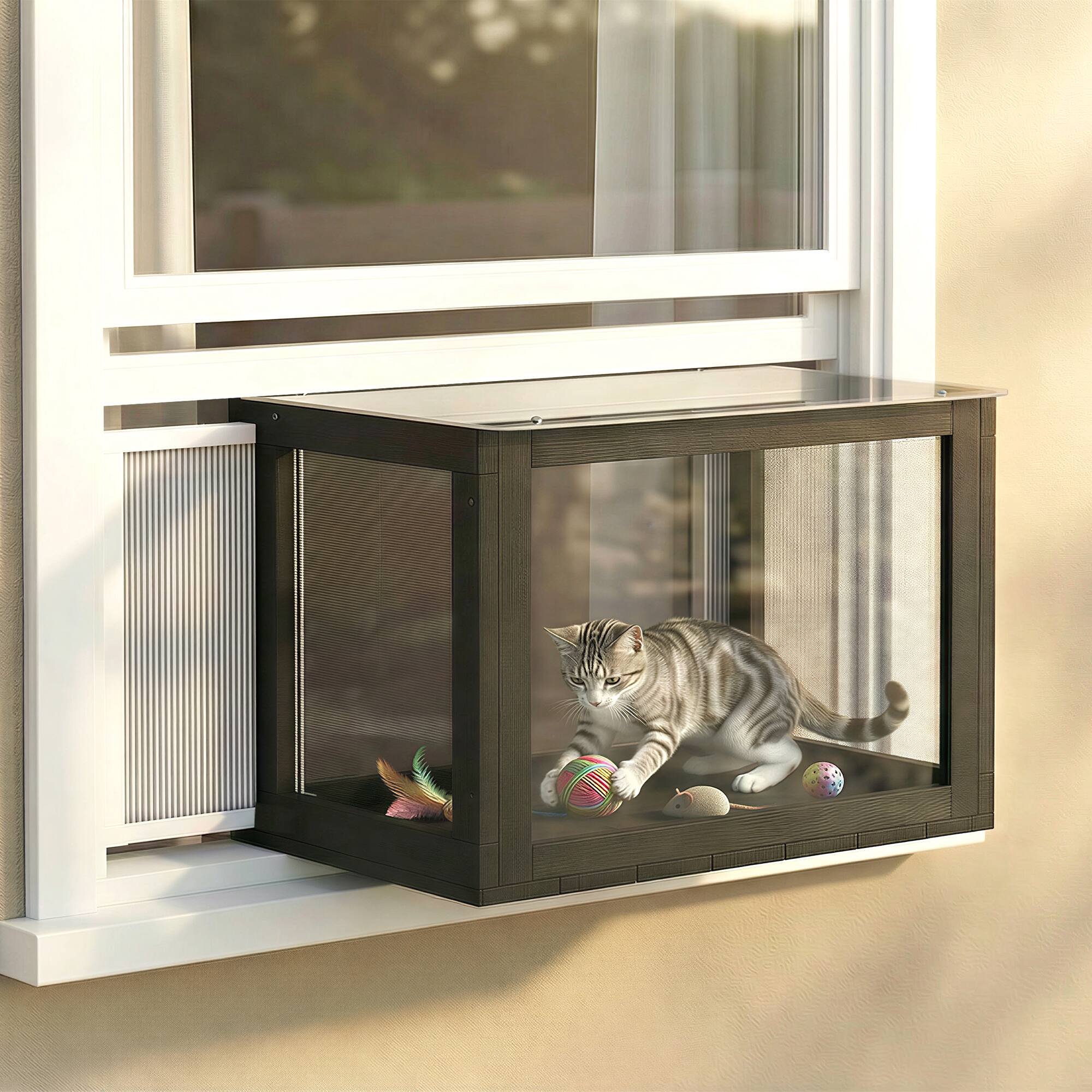 Alt View 1. Pawhut - Outdoor Cat Enclosure 25"–41" Outdoor Cat House for Sunbathing - Black.