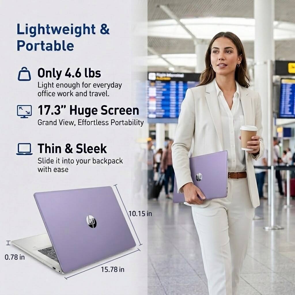 Lightweight & Portable

Only 4.6 lbs
Light enough for everyday office work and travel.

17.3" Huge Screen
Grand View, Effortless Portability

Thin & Sleek
Slide it into your backpack with ease

10.15 in
0.78 in
15.78 in