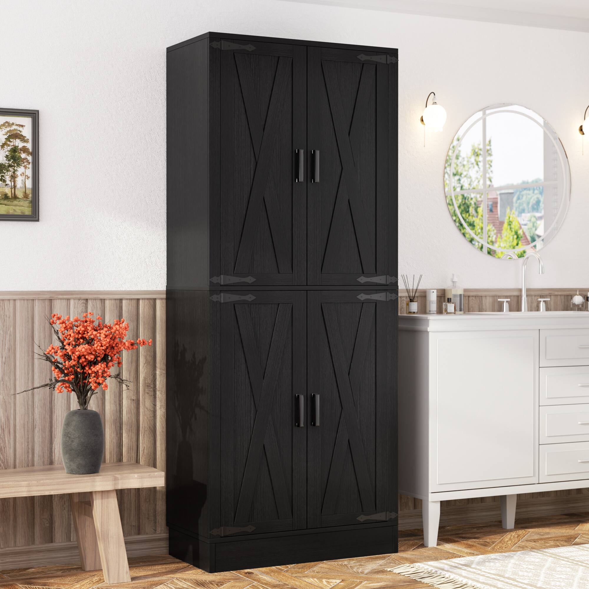 Front. Aheaplus - 71'' Tall Farmhouse Bathroom Storage Cabinet, 7-Tier Linen Cabinet with Drawer & Adjustable Shelves - Black & Brown.