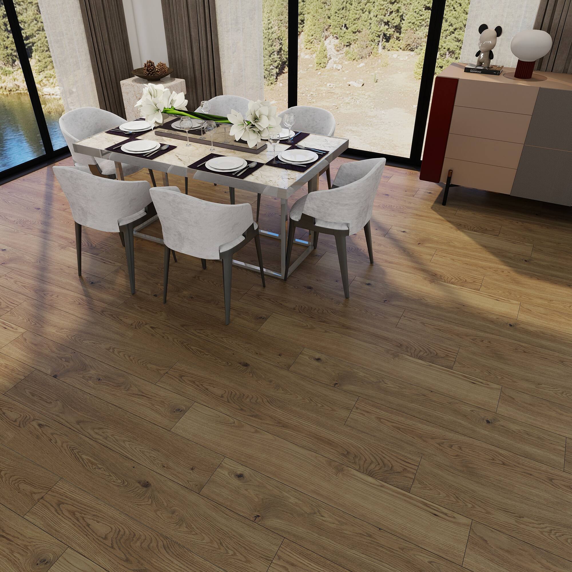 Left. Dotfloor - Superoak SEKET Laminate Flooring - 48"x7.7" Planks, 8 Planks/Box (20.56 sq ft/Box), 12mm Thick, AC4 Wear Rating - Plain Brown.