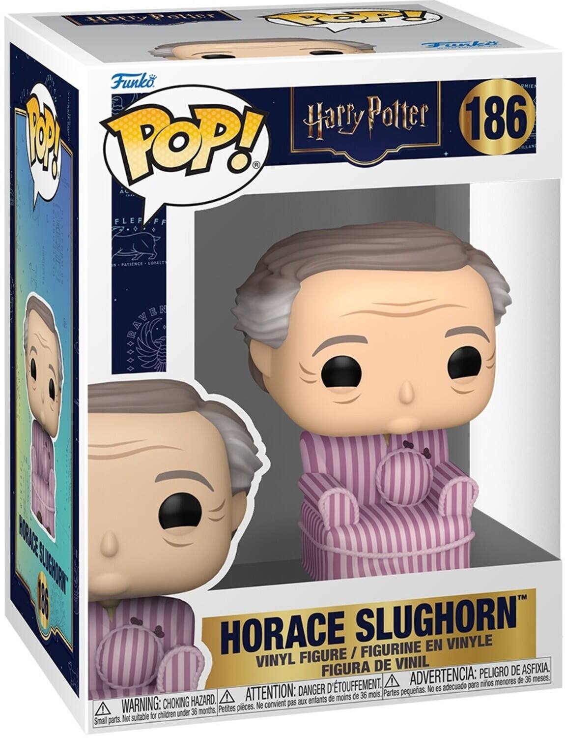 Sure, here is the corrected and grouped text from the image:

---

**Funko POP!**

**Harry Potter**

**186**

**HORACE SLUGHORN**

**VINYL FIGURE / FIGURINE EN VINYLE / FIGURA DE VINIL**

**WARNING: CHOKING HAZARD**  
Small parts. Not suitable for children under 36 months.

**ATTENTION: DANGER D'ÉTOUFFEMENT**  
Petites pièces. Ne convient pas aux enfants de moins de 36 mois.

**ADVERTENCIA: PELIGRO DE ASFIXIA**  
Partes pequeñas. No es adecuado para niños menores de 36 meses.

**PATIENCE - LOYALTY**

**HORACE SLUGHORN**

**186**

---

This text is organized to reflect the information on the packaging, including the brand, series, character, warnings, and other details.
