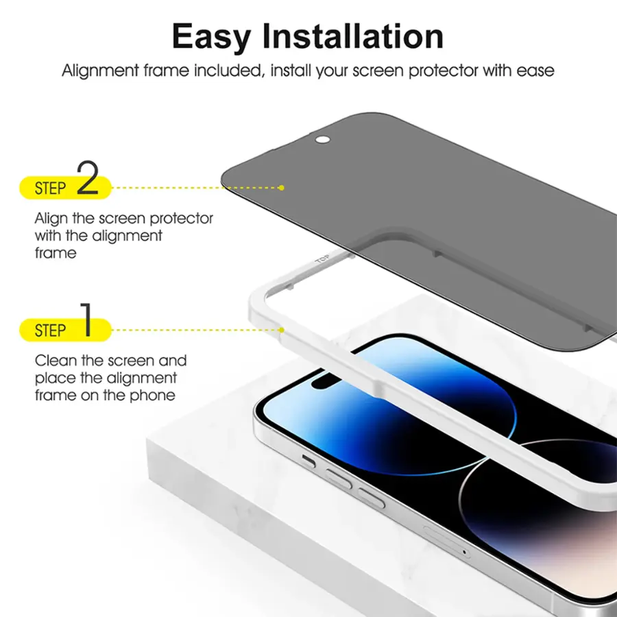 Easy Installation: Alignment frame included, install your screen protector with ease.

Step 1: Clean the screen and place the alignment frame on the phone.
Step 2: Align the screen protector with the alignment frame.