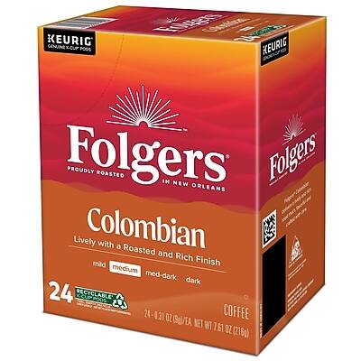 KEURIG GENUINE K-CUP PODS

Folgers
PROUDLY ROASTED IN NEW ORLEANS

Colombian
Lively with a Roasted and Rich Finish

medium med-dark dark

24 RECYCLABLE

24 - 0.31 OZ COFFEE (Sol/EA)
NET WT 7.51 OZ (216g)