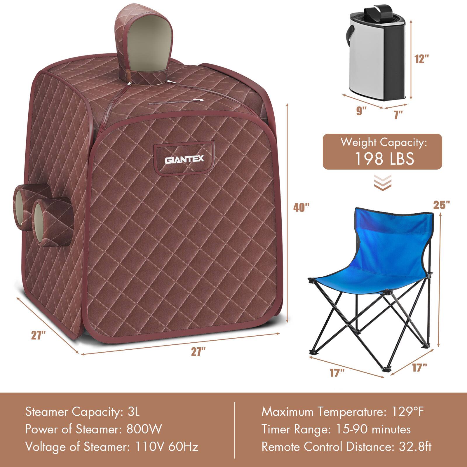 The image features a Giantex product, which includes a steamer, a chair, and a cooler. The steamer has a weight capacity of 198 lbs, and it can hold 3 liters of water. The steamer is powered by an 800W heater, and it operates at a voltage of 110V with a frequency of 60Hz. The maximum temperature of the steamer is 129F, and it comes with a timer range of 15-90 minutes. The remote control has a distance range of 32.8ft. The chair is a blue folding chair, and the cooler is a brown one.