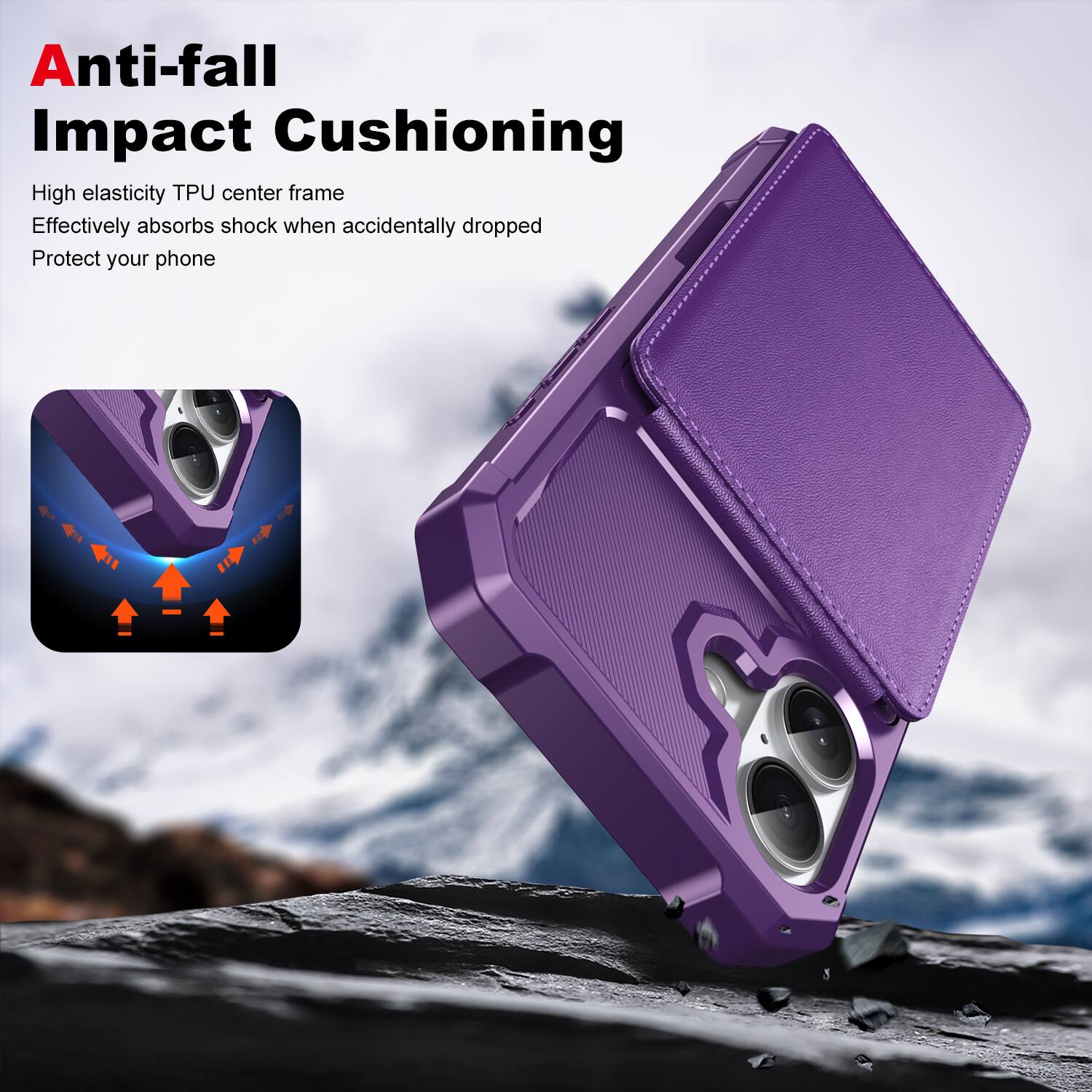 Anti-fall Impact Cushioning

High elasticity TPU center frame  
Effectively absorbs shock when accidentally dropped  
Protect your phone