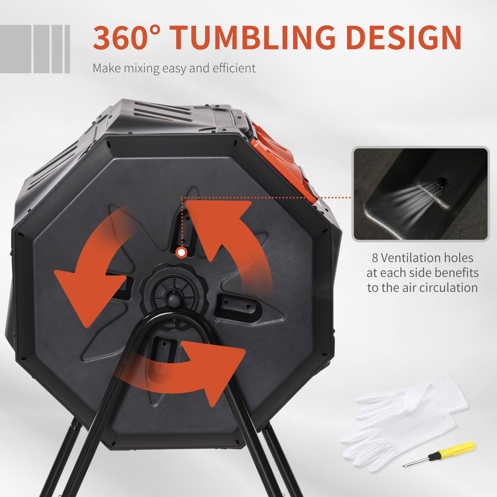 360° TUMBLING DESIGN  
Make mixing easy and efficient  

8 Ventilation holes at each side benefits to the air circulation