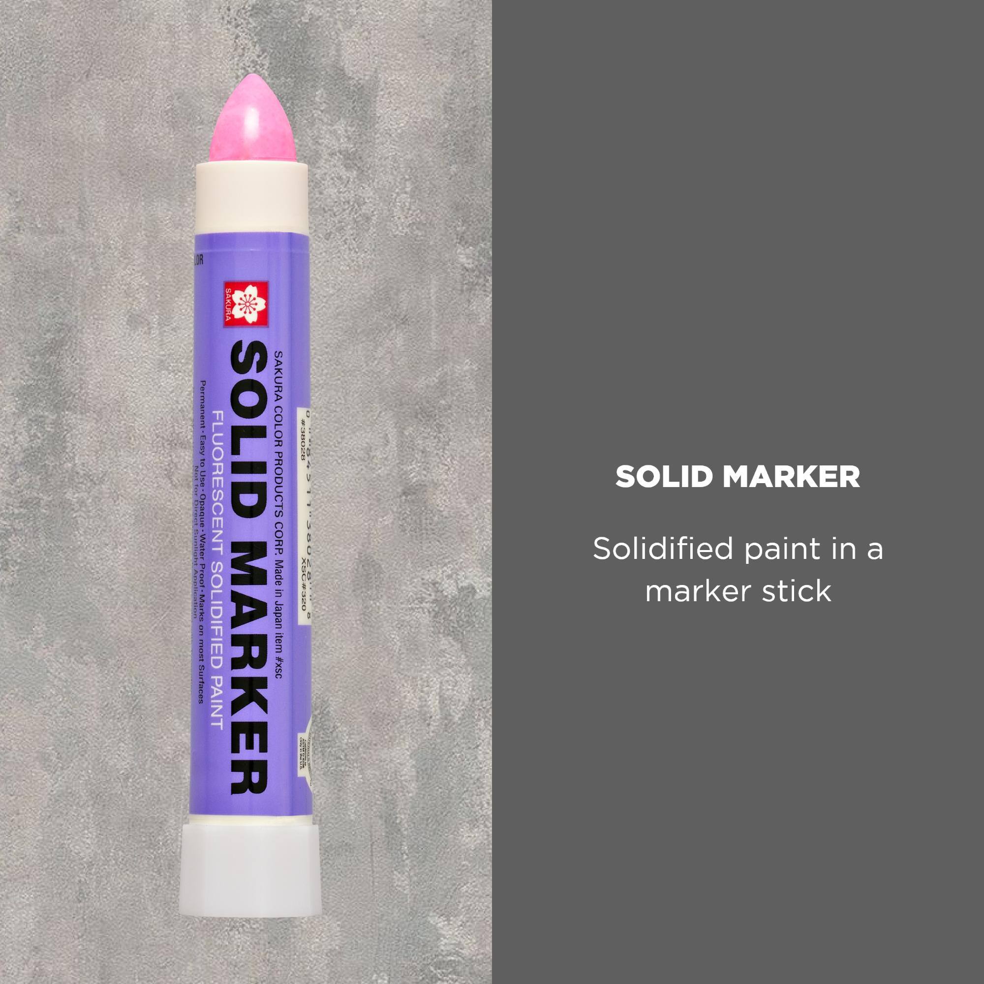 Permanent Easy Opague Water ER Proof-Marks TEOUT Surfaces  
FLUORESCENT PAINT SOLIDIFIED  
SOLID MARKER  
SAKURA COLOR PRODUCTS CORP. in Made Japan item #XSC  
SBG#320  
SOLID MARKER Solidified paint in a marker stick