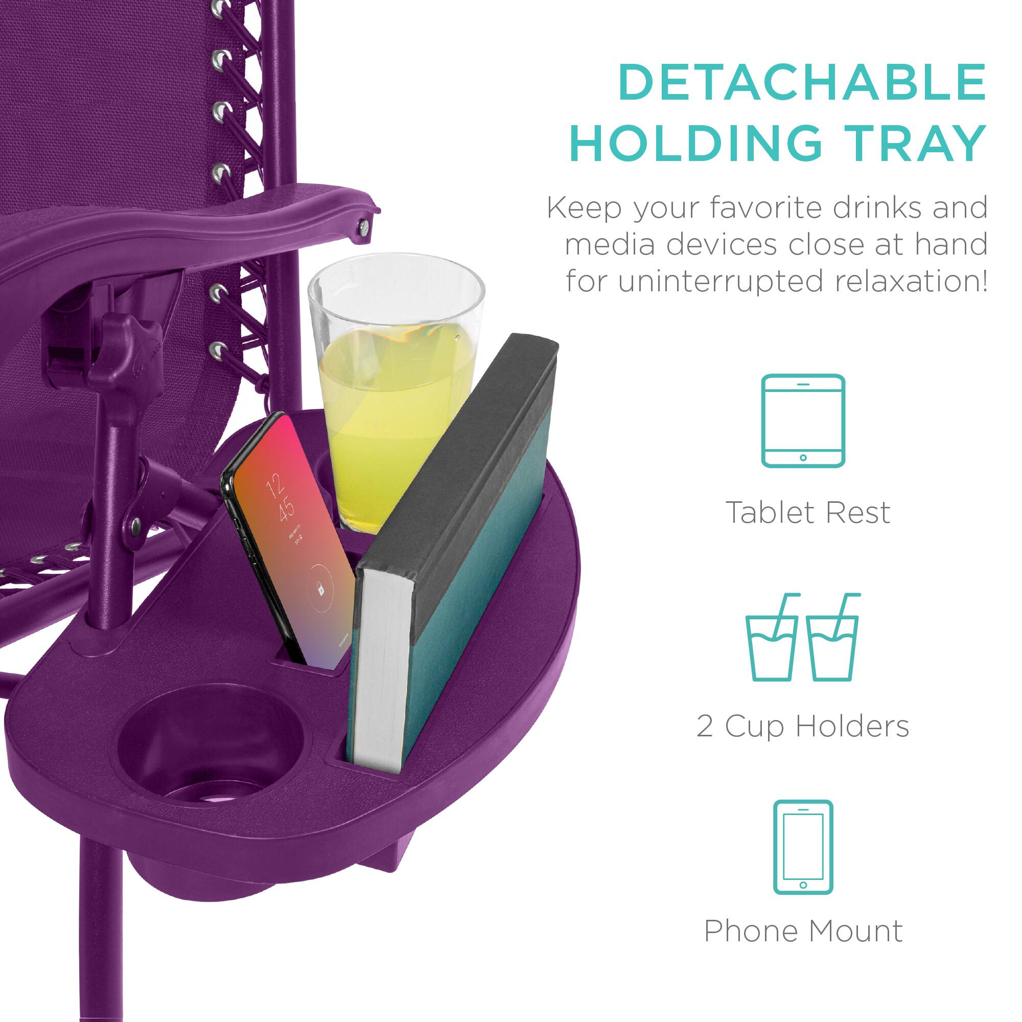 DETACHABLE HOLDING TRAY  
Keep your favorite drinks and media devices close at hand for uninterrupted relaxation!  

- Tablet Rest  
- 2 Cup Holders  
- Phone Mount