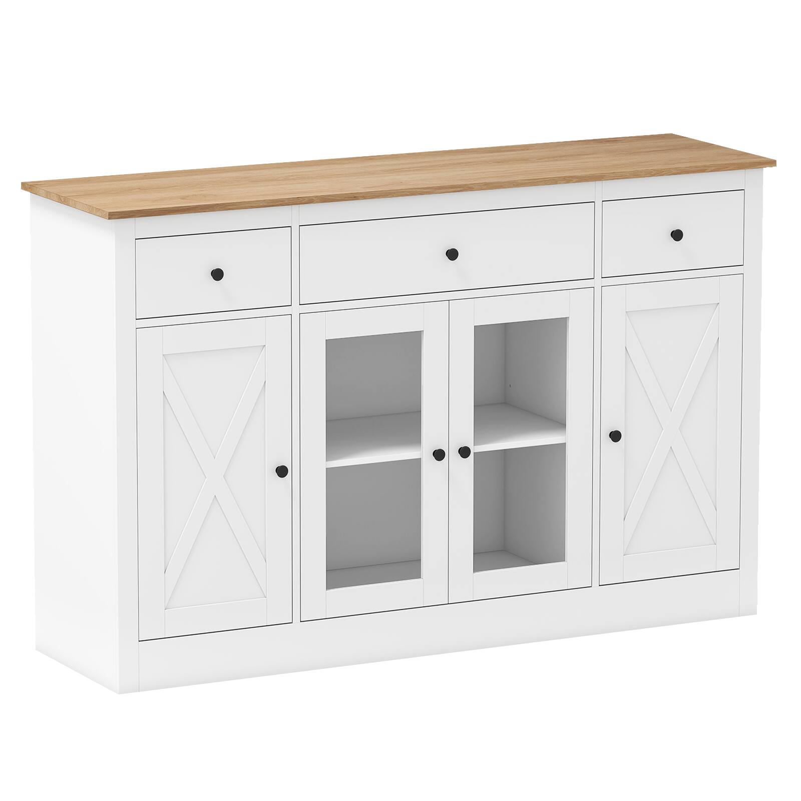 Alt View 9. Gymax - Gymax 55'' Large Buffet Sideboard w/ 3 Drawers 2 See-through Doors Adjustable Shelves - White, Natural.