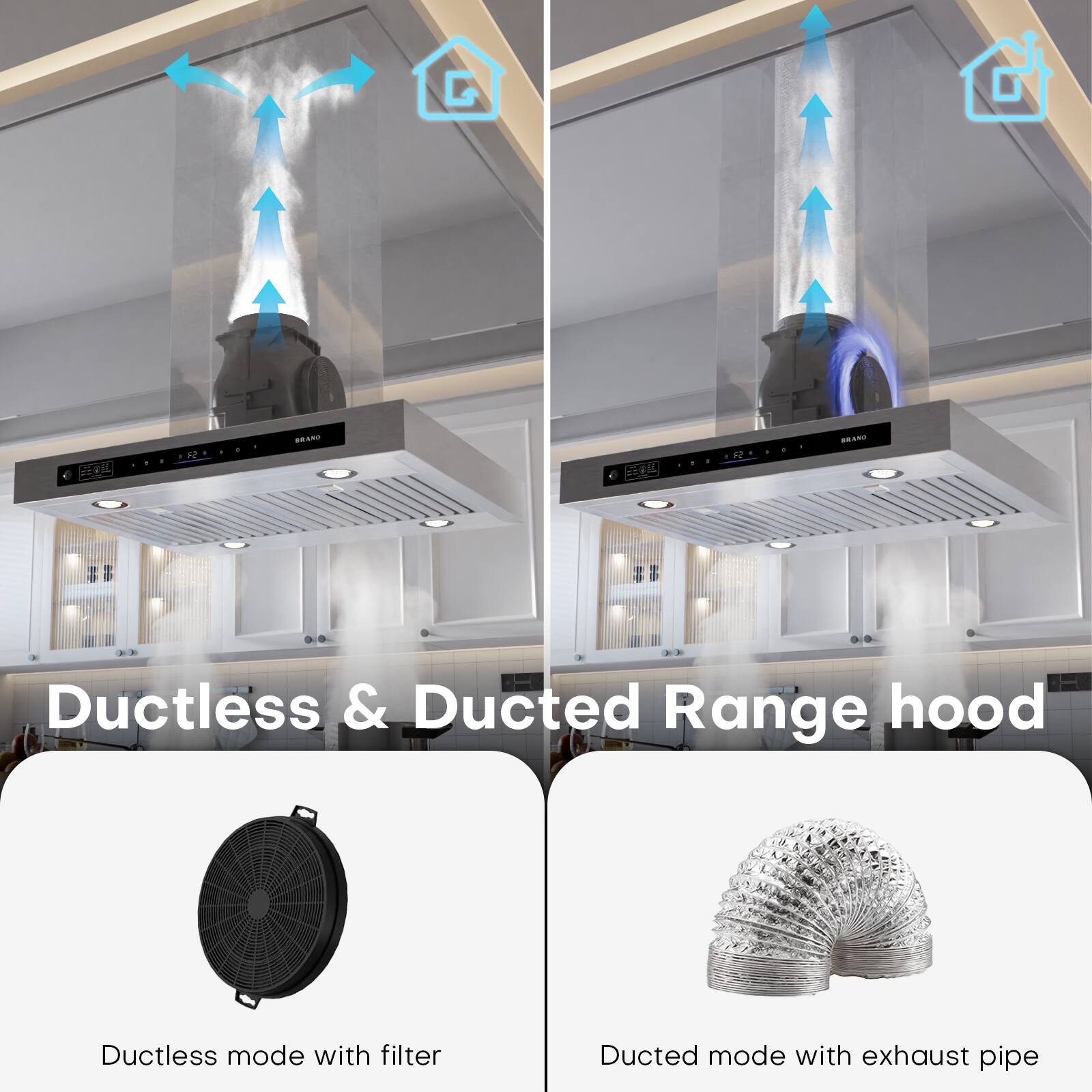 Ductless & Ducted Range hood

Ductless mode with filter

Ducted mode with exhaust pipe