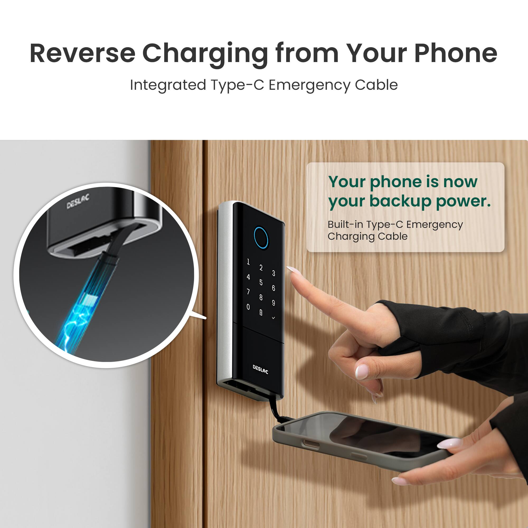 Reverse Charging from Your Phone  
Integrated Type-C Emergency Cable  

Your phone is now your backup power.  
Built-in Type-C Emergency Charging Cable