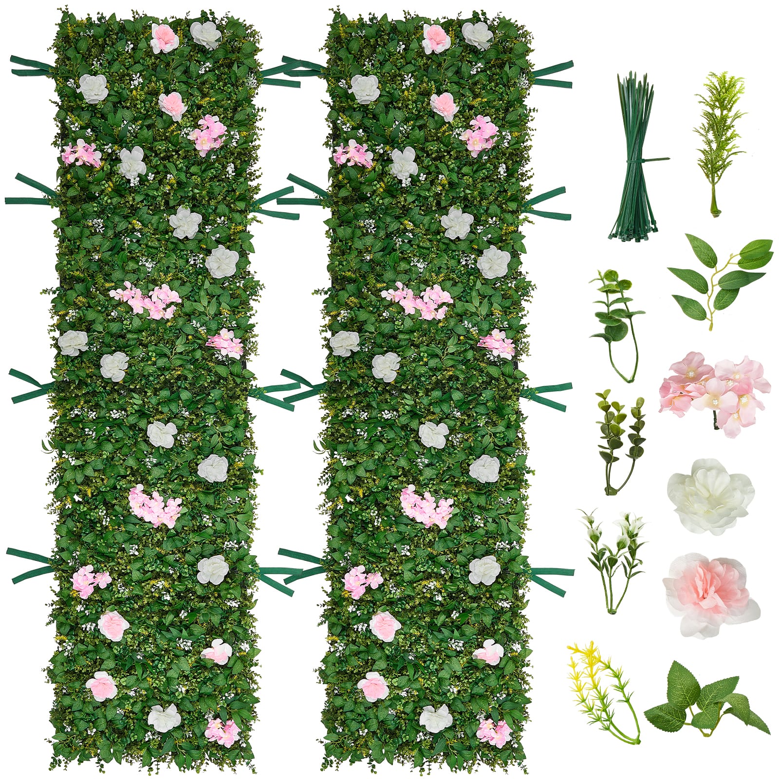 VEVOR - Artificial Luxury‌ Flower Wall Backdrop, 2 PCS, Each Panel 2 x 8 ft, Gorgeous 3D Silk Floral Backdrop Pet Friendly - Green