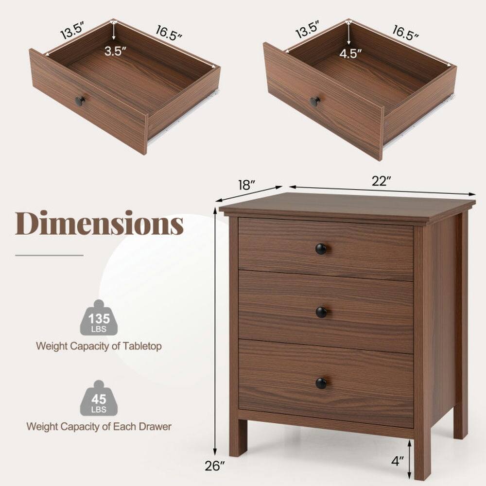 13.5" x 3.5" x 16.5"  
13.5" x 4.5" x 16.5"  
Dimensions: 18" x 22" x 26"  
Weight Capacity of Tabletop: 135 LBS  
Weight Capacity of Each Drawer: 45 LBS