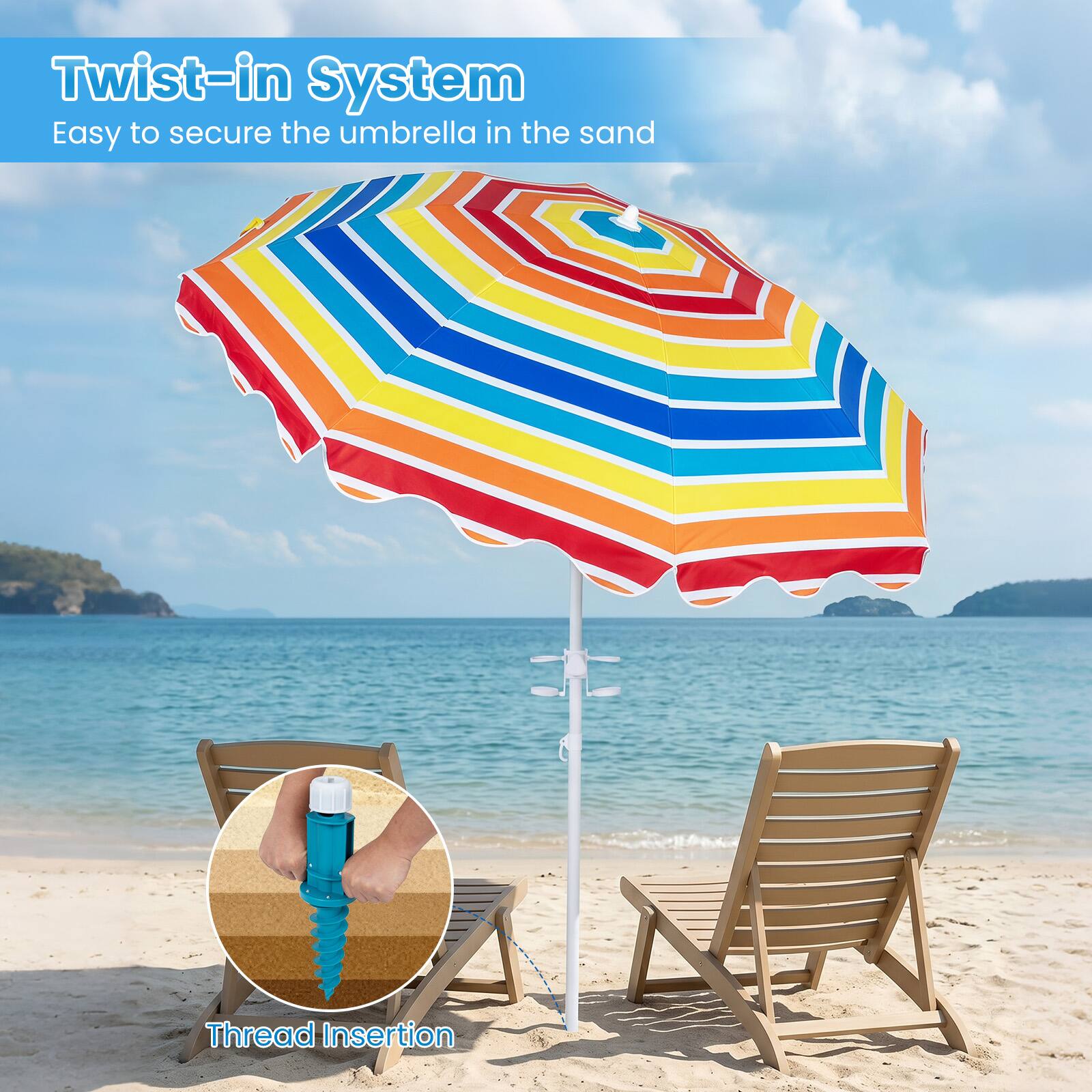Twist-in System  
Easy to secure the umbrella in the sand  

Thread Insertion