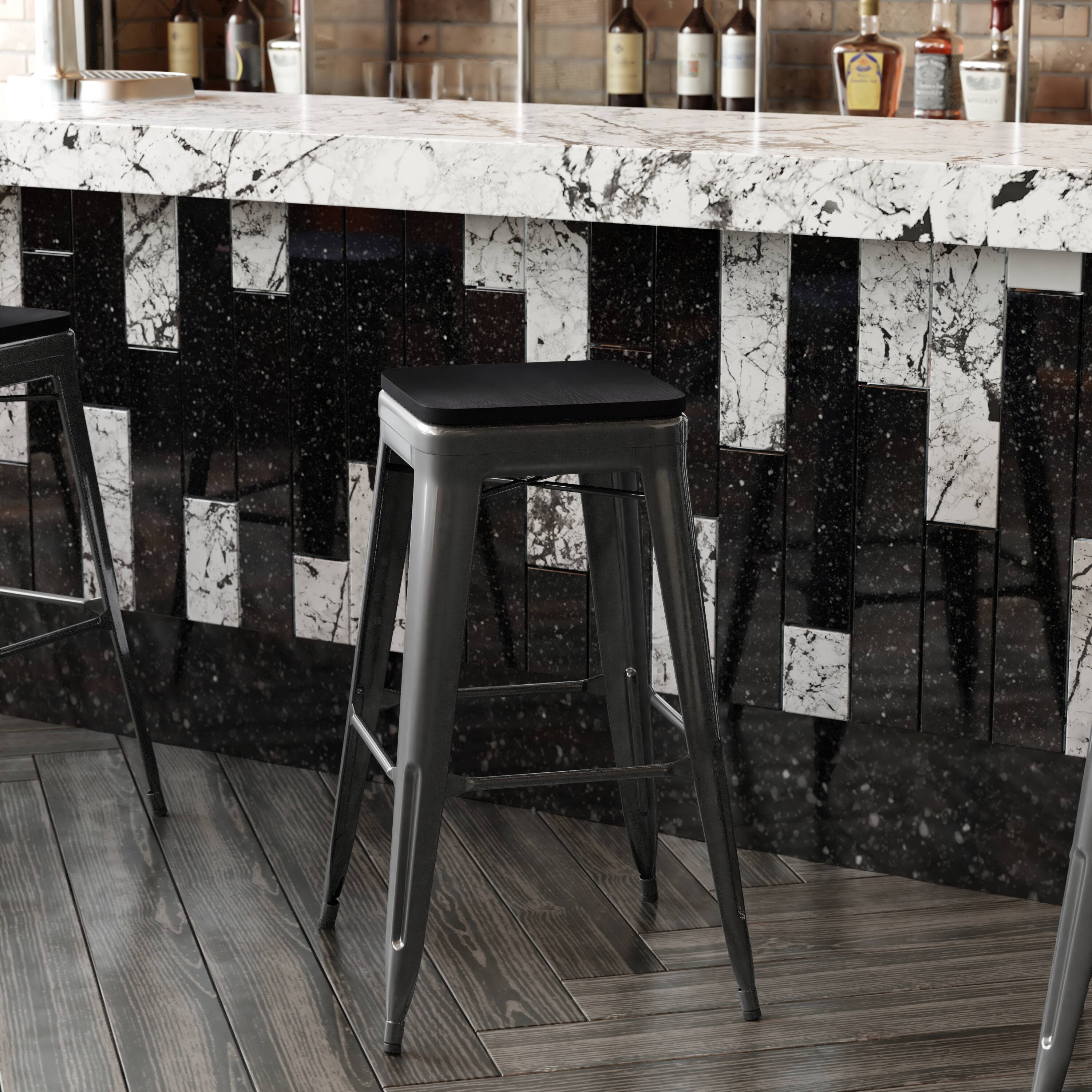 Alt View 4. Emma + Oliver - Kam Backless Metal Indoor-Outdoor Stool with All-Weather Polystyrene Seat - Black Seat/Black Frame.