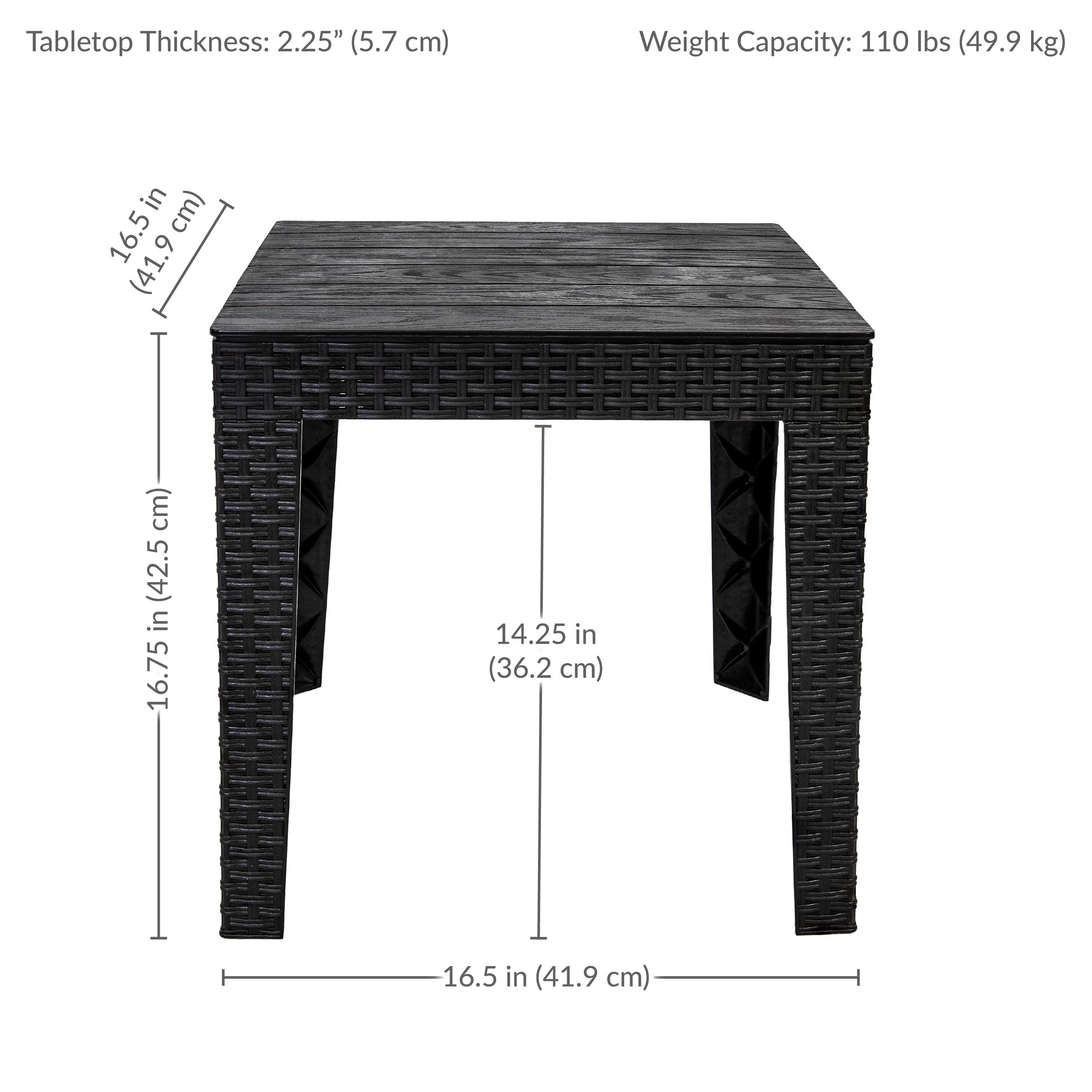Tabletop Thickness: 2.25" (5.7 cm)  
Weight Capacity: 110 lbs (49.9 kg)  

Dimensions:  
- Length: 16.5 in (41.9 cm)  
- Width: 16.5 in (41.9 cm)  
- Height: 16.75 in (42.5 cm)  
- Leg Width: 14.25 in (36.2 cm)